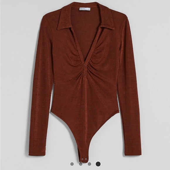 Bershka ruched front polo low cut bodysuit - new brown - Picture 2 of 3